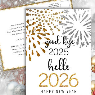 Hello 2025 Gold Glitter Festive Fireworks New Year Holiday Postcard
