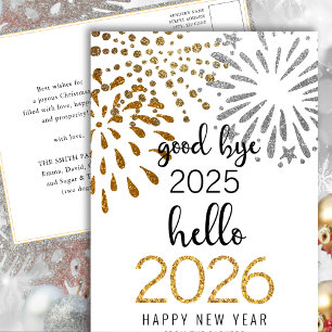 Hello 2025 Gold Glitter Festive Fireworks New Year Holiday Postcard