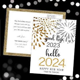 Hello 2025 Gold Glitter Festive Fireworks New Year Holiday Postcard