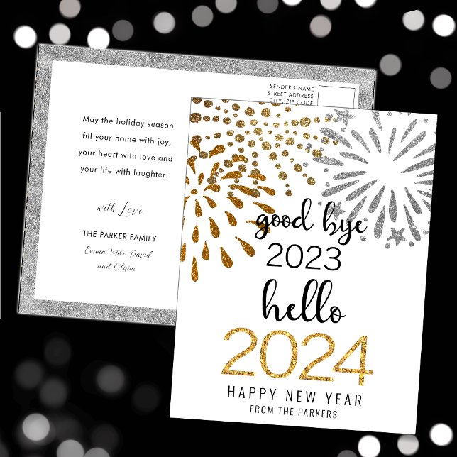 Hello 2025 Gold Glitter Festive Fireworks New Year Holiday Postcard (Creator Uploaded)