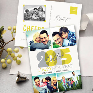 Hello 2025 Modern Happy New Year 4 Photo Collage Holiday Postcard