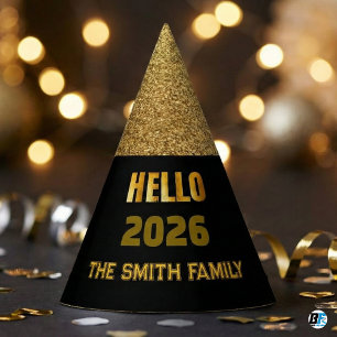 Hello 2026 Black & Gold Glitter Custom Family Name Party Hat