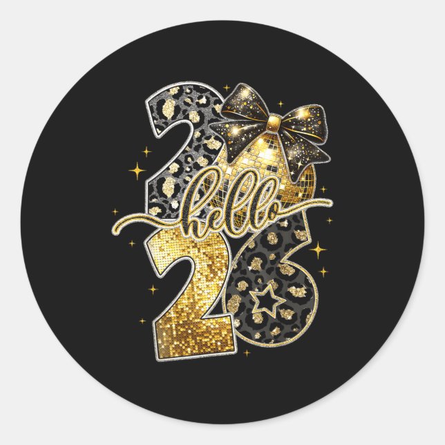 Hello 2026 Coquette Bow Leopard New Years Eve Part Classic Round Sticker (Front)