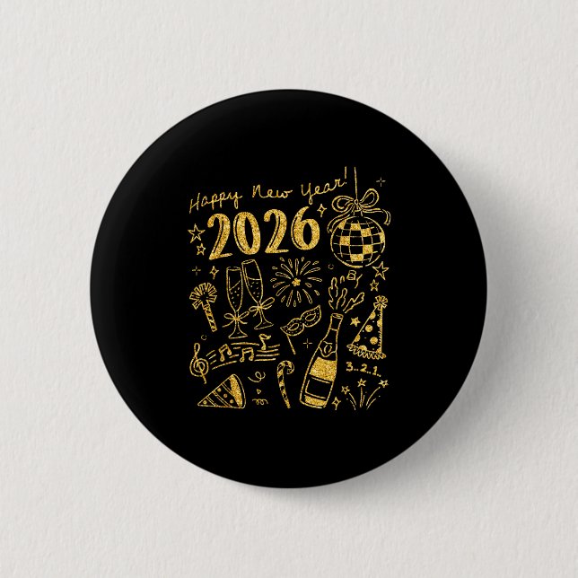 Hello 2026 Disco Ball Coquette Bow Happy New Year  6 Cm Round Badge (Front)