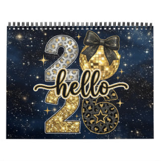 Hello 2026 Gold Glitter Chic Galaxy Calendar