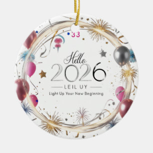 Hello 2026 Metallic Balloons Circle Ceramic Tree Decoration