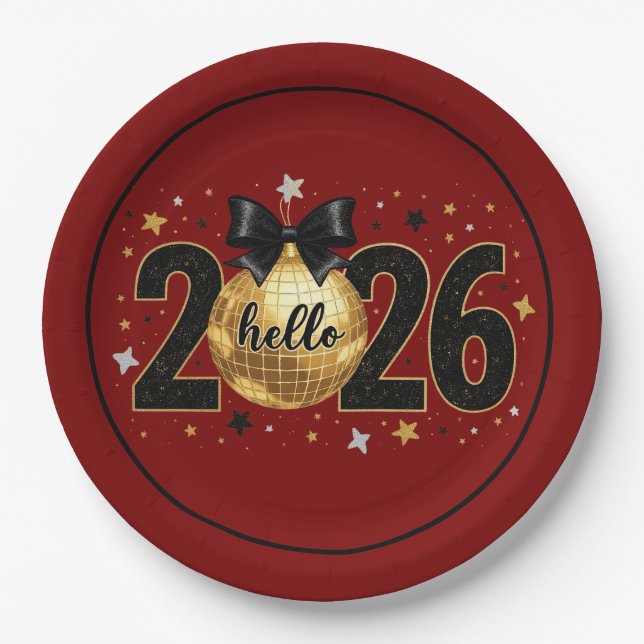 Hello 2026 Red Glitter Sparkle Design Paper Plate (Front)