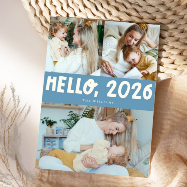 Hello 2026 Typography Denim Blue Photo Holiday Card (Creator Uploaded)
