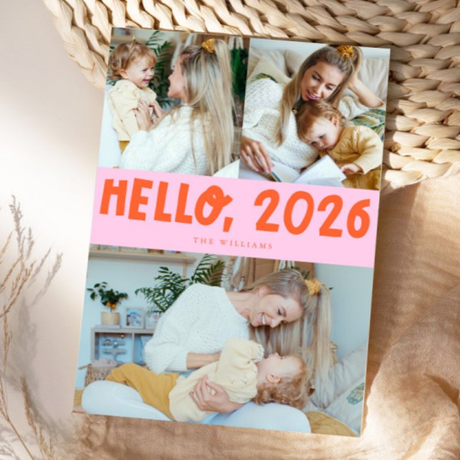 Hello 2026 Typography Orange Pink Photo Holiday Card (Creator Uploaded)