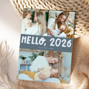 Hello 2026 Typography Slate Blue Photo Holiday Card