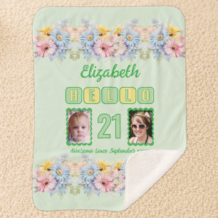 Hello 21 2 photo name date flowers green sherpa blanket