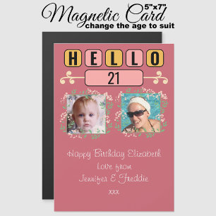 Hello 21 birthday 2 photo pink magnetic card