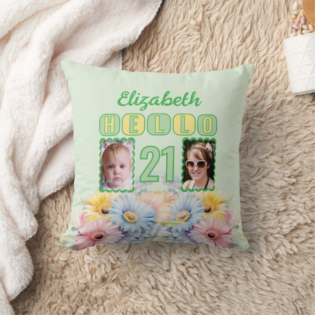 Hello 21 name 2 photos gerbera flowers green cushion (Blanket)