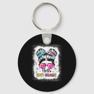 Hello 2nd Grade Messy Hair Bun Girl Back To School Key Ring