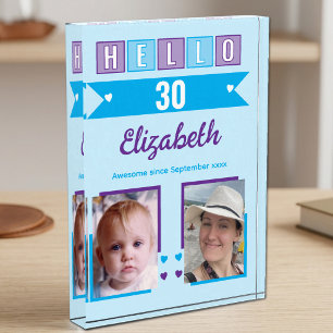 Hello 30 (any age) name est date blue purple photo block