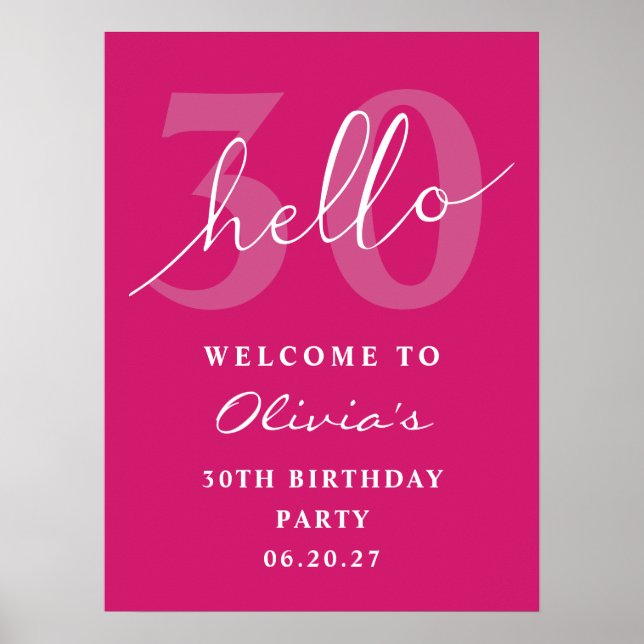 Hello 30 Bold Typography Hot Pink Birthday Welcome Poster (Front)