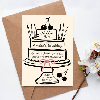 Hello 30, Hand drawn Pink Bow Contemporary Cake Invitation