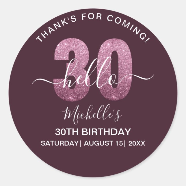 Hello 30! Modern 30th birthday Pink glitter Classic Round Sticker (Front)