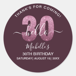 Hello 30! Modern 30th birthday Pink glitter Classic Round Sticker