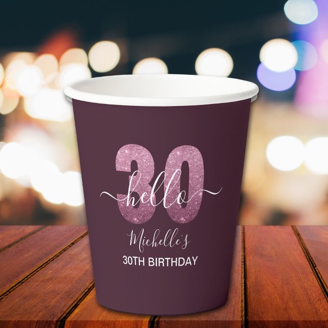 Hello 30! Modern 30th birthday Pink glitter Paper Cups (Creator Uploaded)