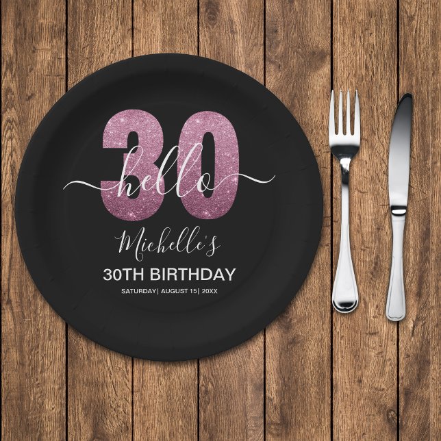 Hello 30! Modern 30th birthday Pink glitter Paper Plate (Creator Uploaded)