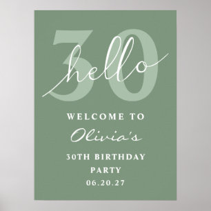 Hello 30 Modern Simple Sage Green Birthday Welcome Poster