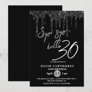 Hello 30th Black Glitter Birthday Party Invitation