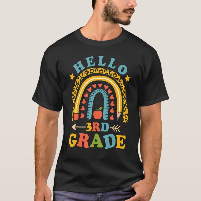 Hello 3rd Third Grade Teacher Leopard Rainbow Back T-Shirt (Front)
