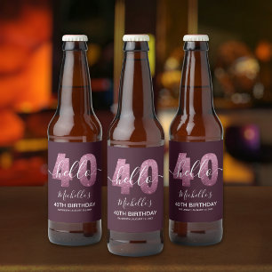 Hello 40! Elegant 40th birthday with Pink glitter Beer Bottle Label