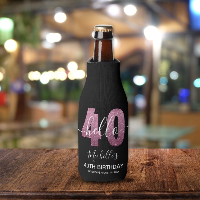 Hello 40! Funny 40th birthday with Pink glitter Bottle Cooler (Creator Uploaded)