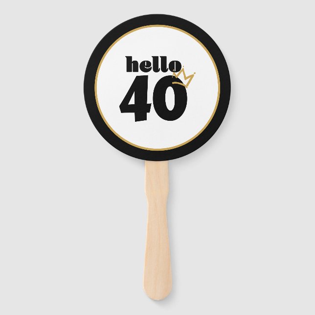 Hello 40 Milestone Birthday Black Gold Crown Hand Fan (Front)
