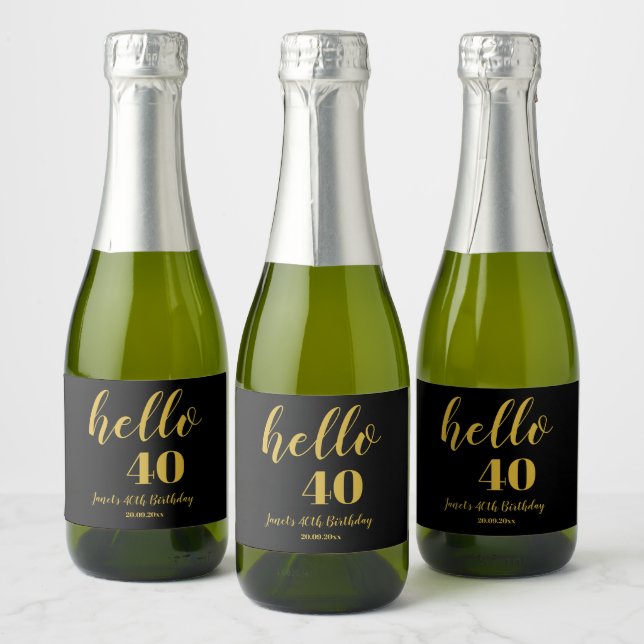 Hello 40th Birthday Elegant Black & Gold Party   Sparkling Wine Label (Bottles)