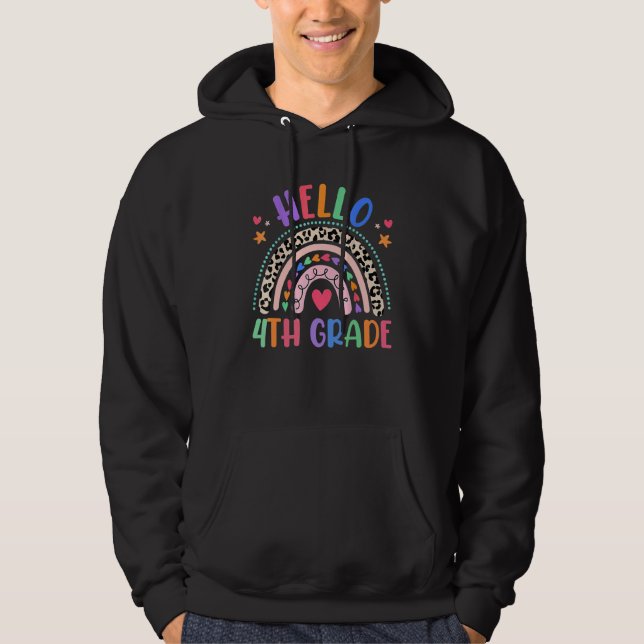 Hello 4th Grade Leopard Boho Rainbow 1st Day Of Sc Hoodie (Front)