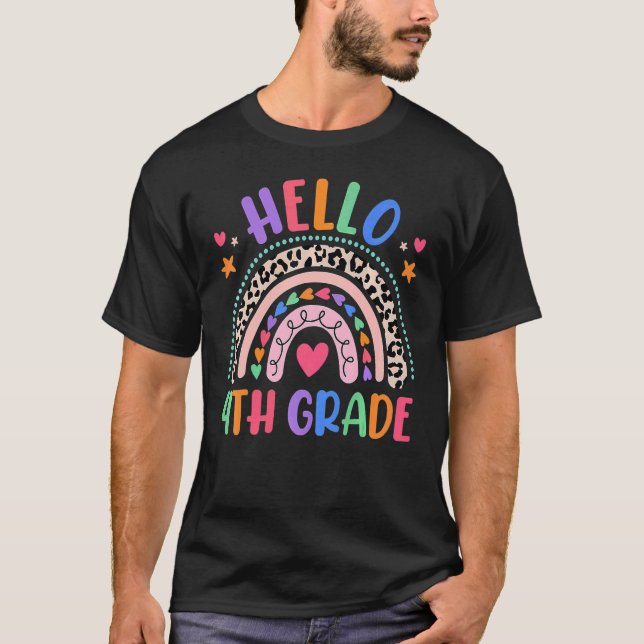 Hello 4th Grade Leopard Boho Rainbow 1st Day Of Sc T-Shirt (Front)