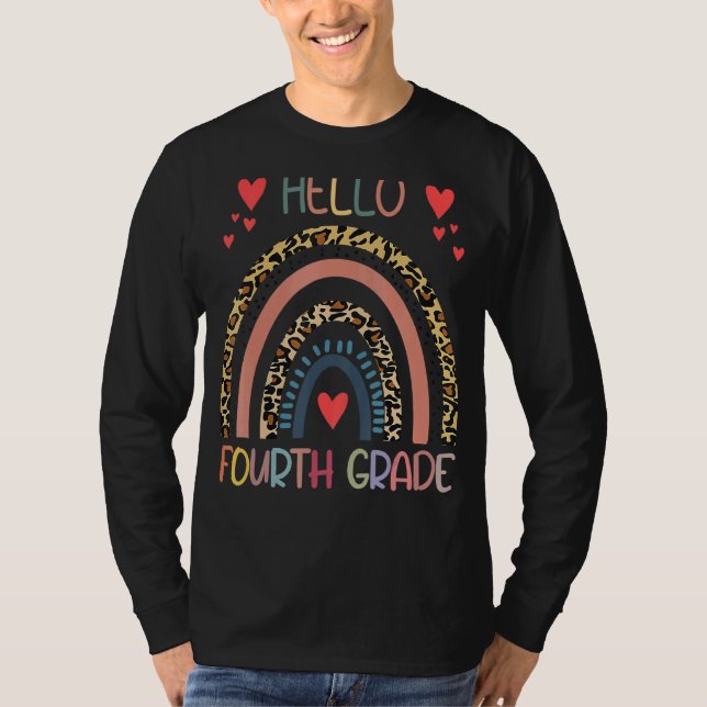 Hello 4th Grade Leopard Rainbow Fourth Grade Back  T-Shirt (Front)