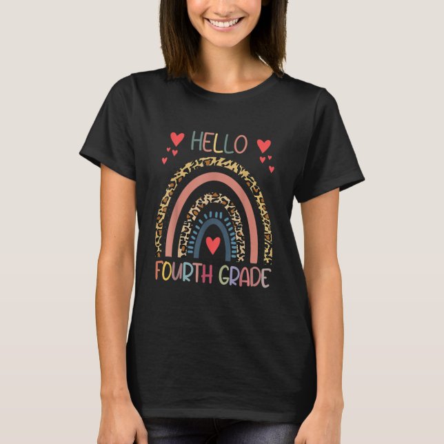 Hello 4th Grade Leopard Rainbow Fourth Grade Back T-Shirt (Front)