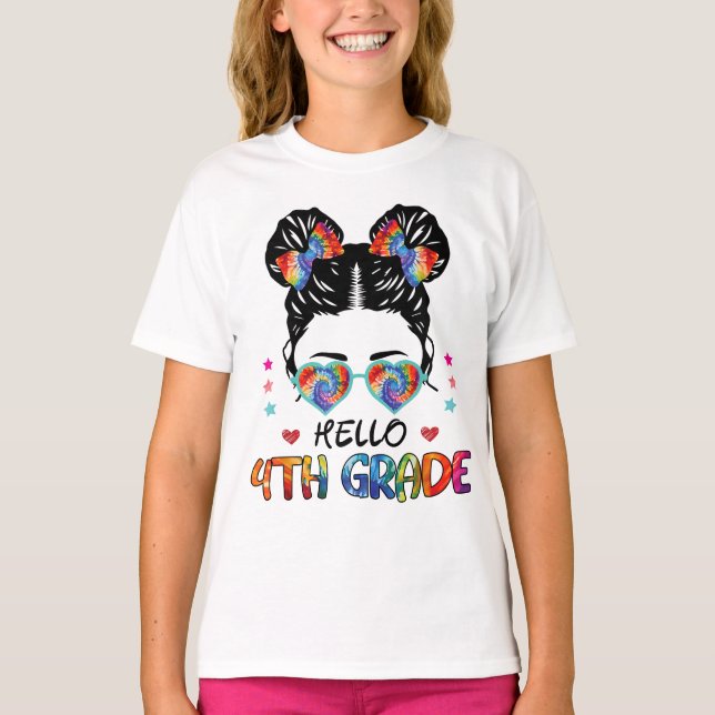 Hello 4th Grade Messy Bun Back To School Girls Kid T-Shirt (Front)