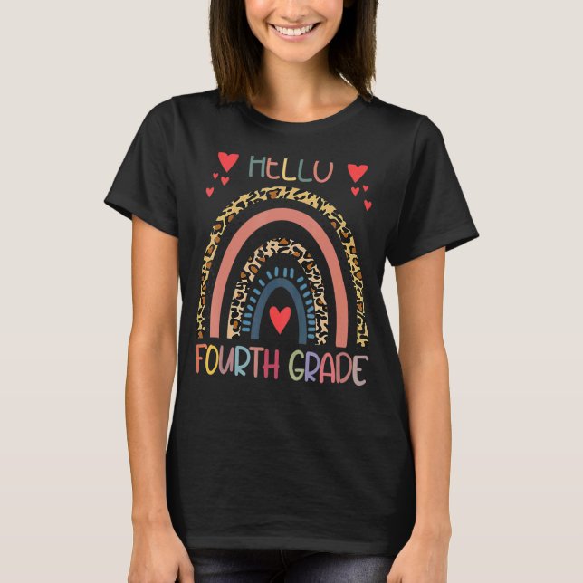 Hello 4th Grade Rainbow Leopard Back To School Gir T-Shirt (Front)