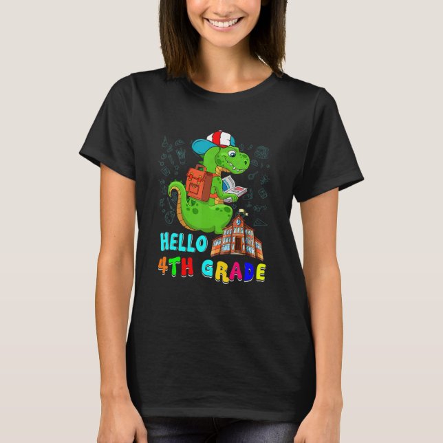 Hello 4th Grade Rex Wearing School Bag Reading Boo T-Shirt (Front)