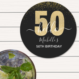 Hello 50! -50th Birthday with Gold Glitter Round Paper Coaster