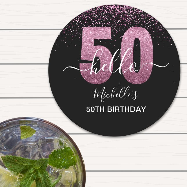 Hello 50! -50th Birthday with Pink glitter Round Paper Coaster (Creator Uploaded)