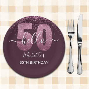 Hello 50! -50th Women's Birthday with Pink glitter Paper Plate
