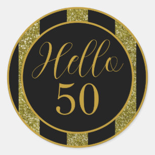 Hello 50 Birthday Black Gold Glitter Stripes Classic Round Sticker