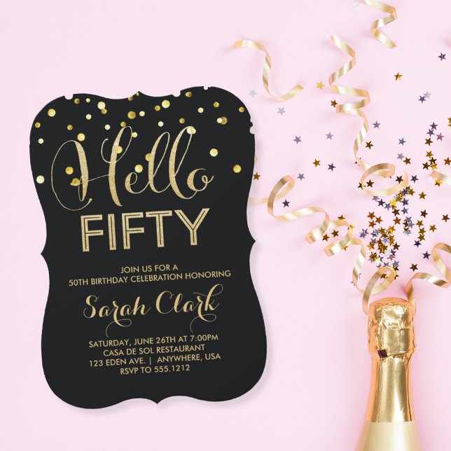 Hello 50 Black Gold Confetti 50th Birthday Invitation (Creator Uploaded)
