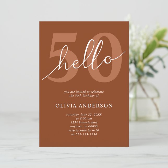 Hello 50 Boho Chic Terracotta 50th Birthday Party Invitation (Standing Front)