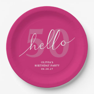 Hello 50   Bold Hot Pink 50th Birthday Custom Paper Plate