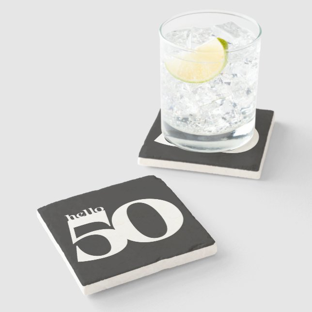 Hello 50 Bold Modern Black and White Birthday Stone Coaster (Side)