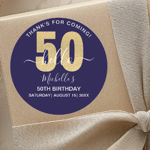 Hello 50!- Fun 50th birthday Golden glitter Classic Round Sticker