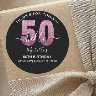 Hello 50!- Fun 50th birthday Pink Glitter glitter Classic Round Sticker