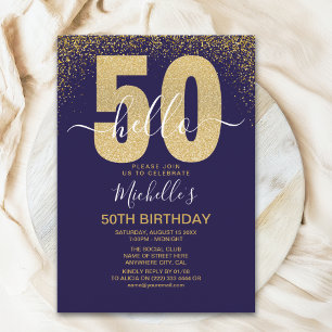 Hello 50! modern 50th birthday with gold glitter invitation